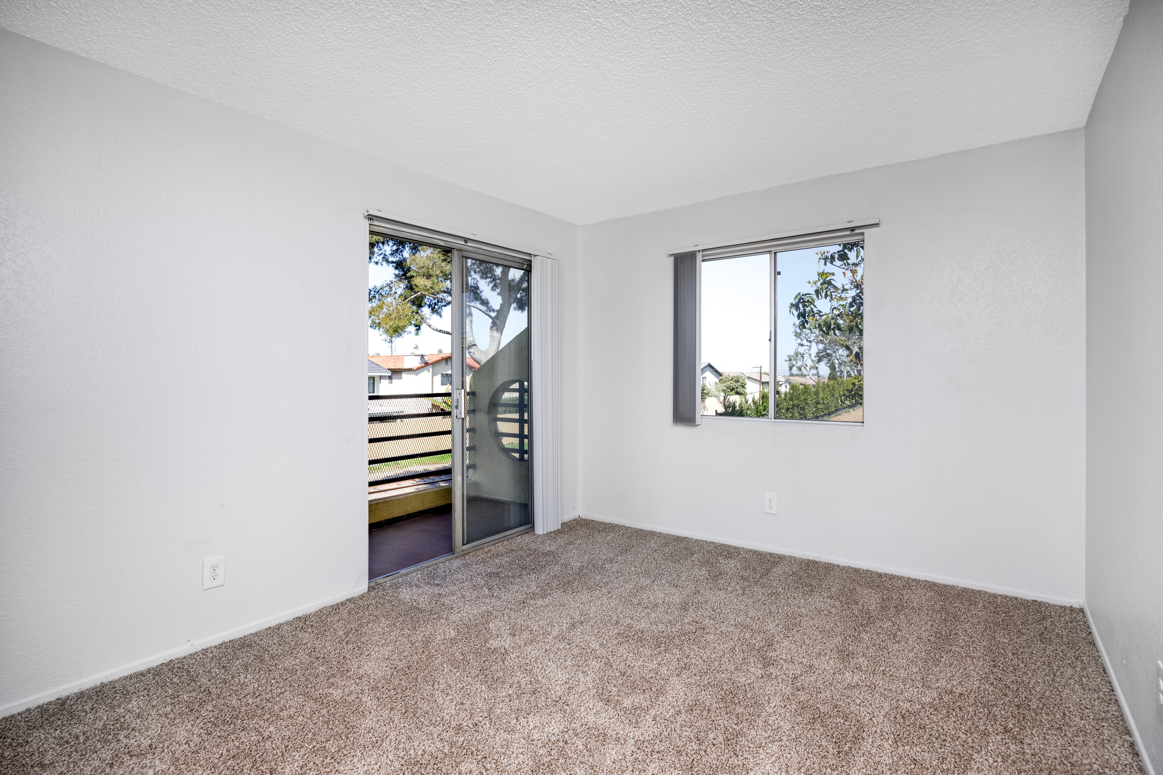 A room with a carpeted floor and two windows.